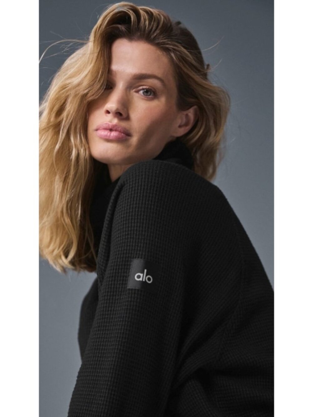 Alo Waffle Weekend Escape Mock Neck Long Sleeve Black Turtleneck Thermal Sweater - Picture 3 of 8